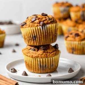 Two healthy pumpkin chocolate chip muffins stacked on a small white plate, with more muffins in the background.