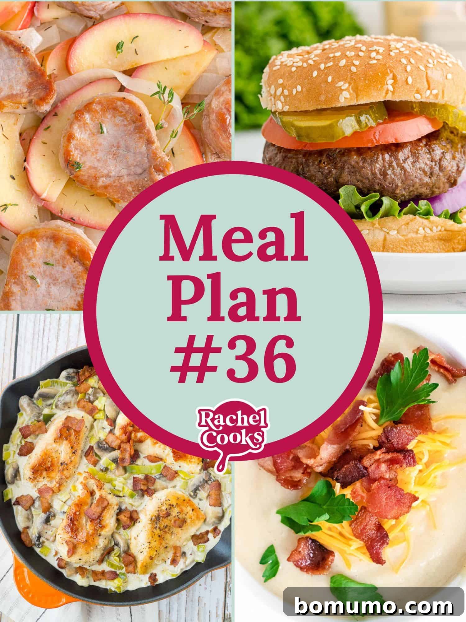 A graphic illustrating a weekly meal plan, featuring text and enticing photos of included recipes, ideal for organized home cooking.
