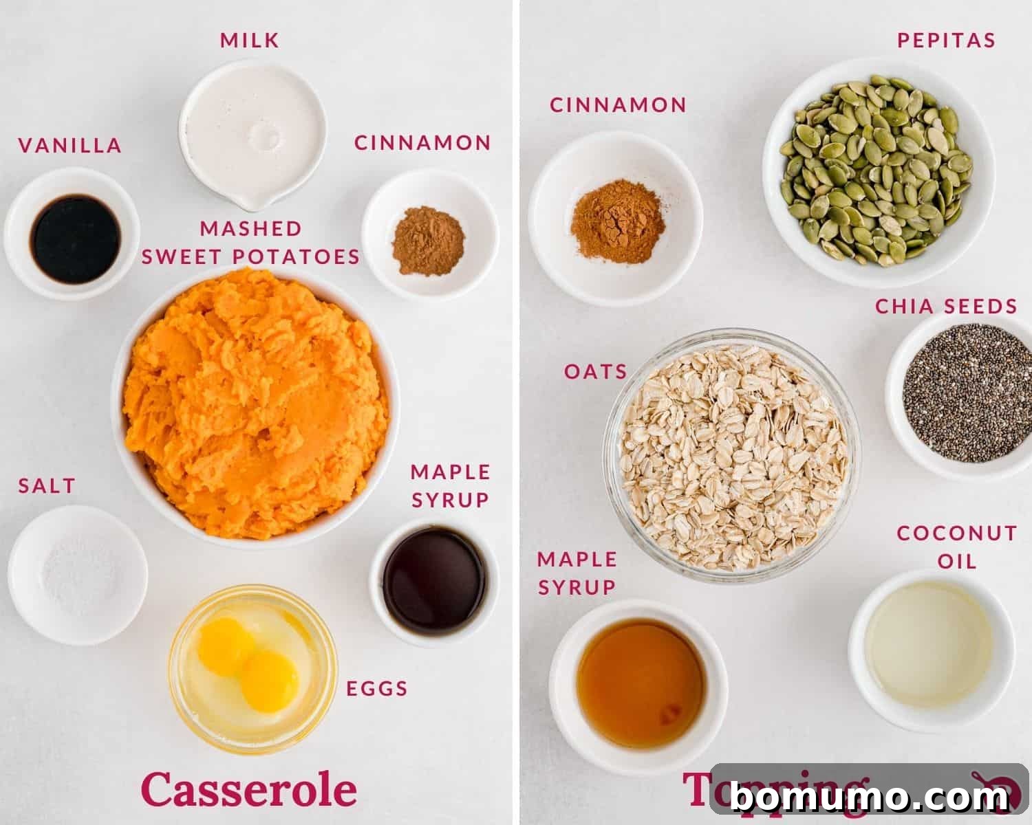All the fresh and wholesome ingredients laid out for making the healthy sweet potato casserole, each clearly labeled for convenience.