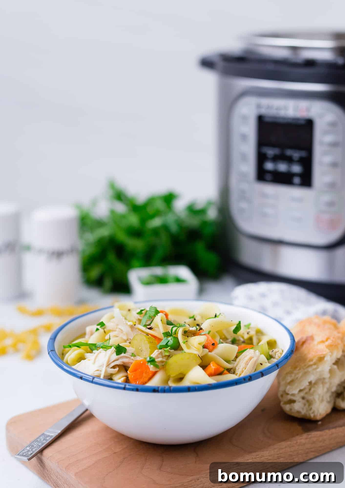 A close-up shot of Instant Pot Chicken Noodle Soup in a bowl, with the Instant Pot visible in the soft background.