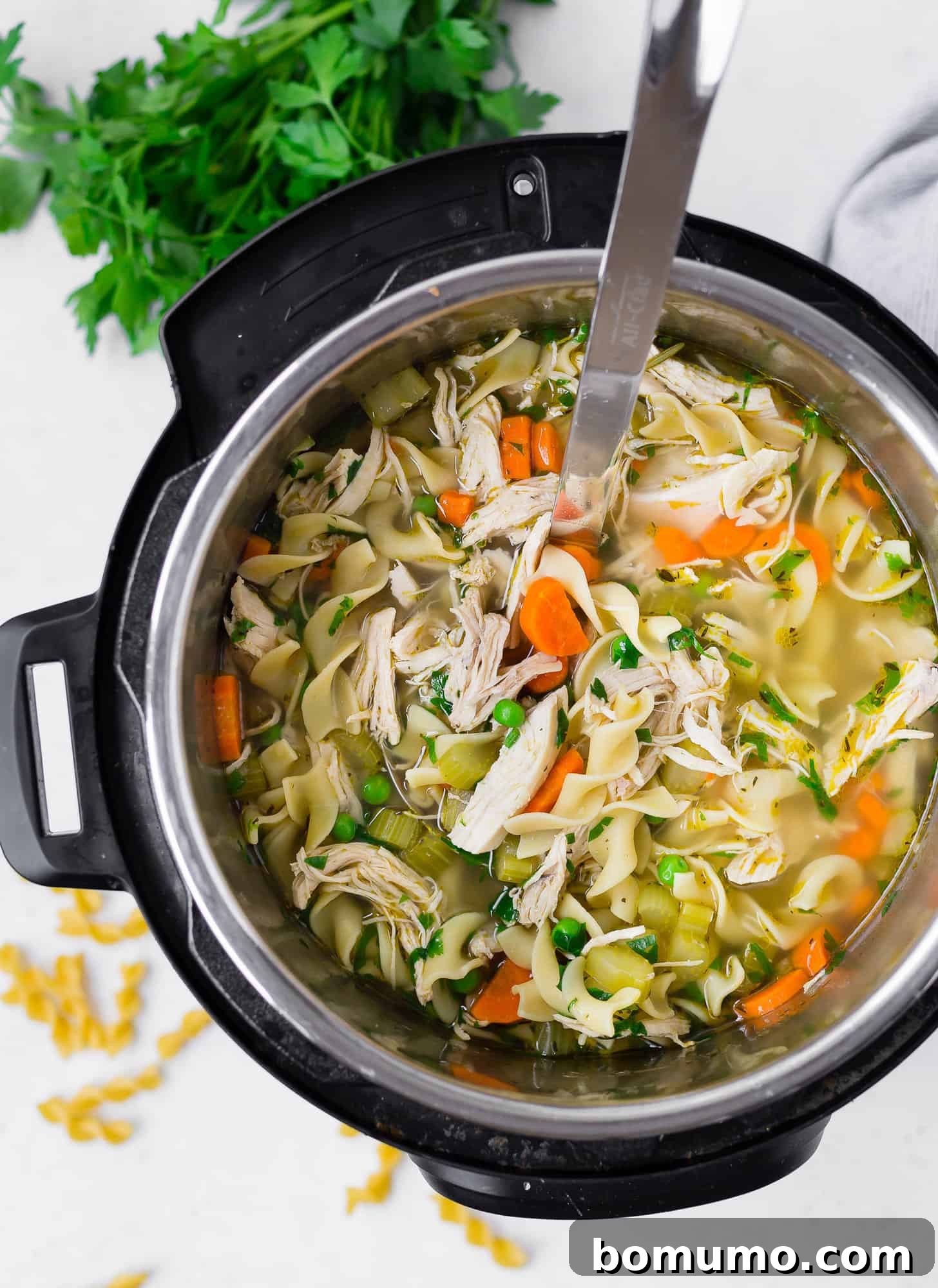 A serving ladle gently stirring chicken noodle soup within an Instant Pot, showing the rich broth and ingredients.