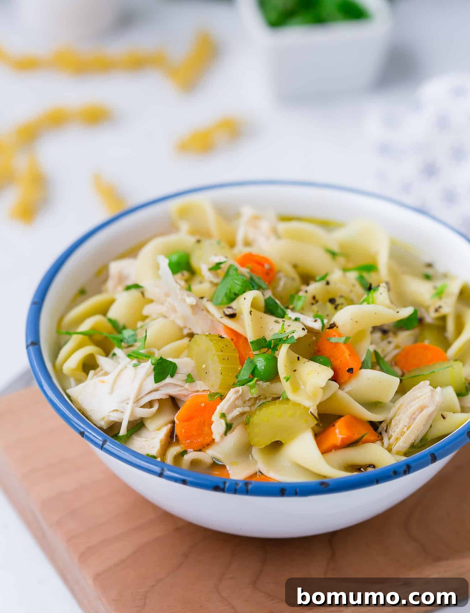 A vibrant bowl of Instant Pot Chicken Noodle Soup, rich with chicken, noodles, and vegetables, set against a warm, inviting backdrop.