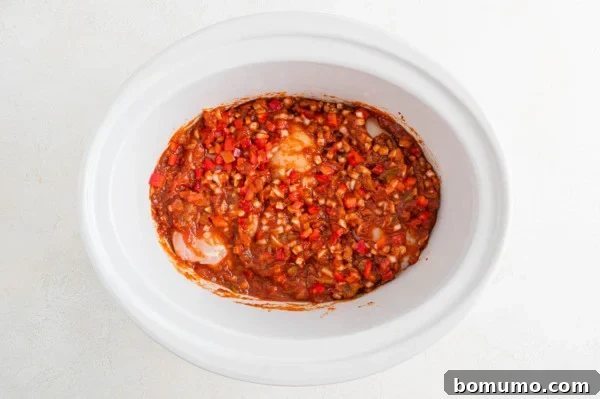 Salsa chicken ingredients combined in the crockpot.