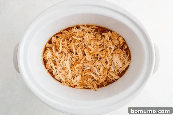 Shredded salsa chicken inside the crockpot.