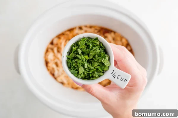 A hand holding a 1/4 cup scoop filled with minced cilantro over salsa chicken in a crockpot.