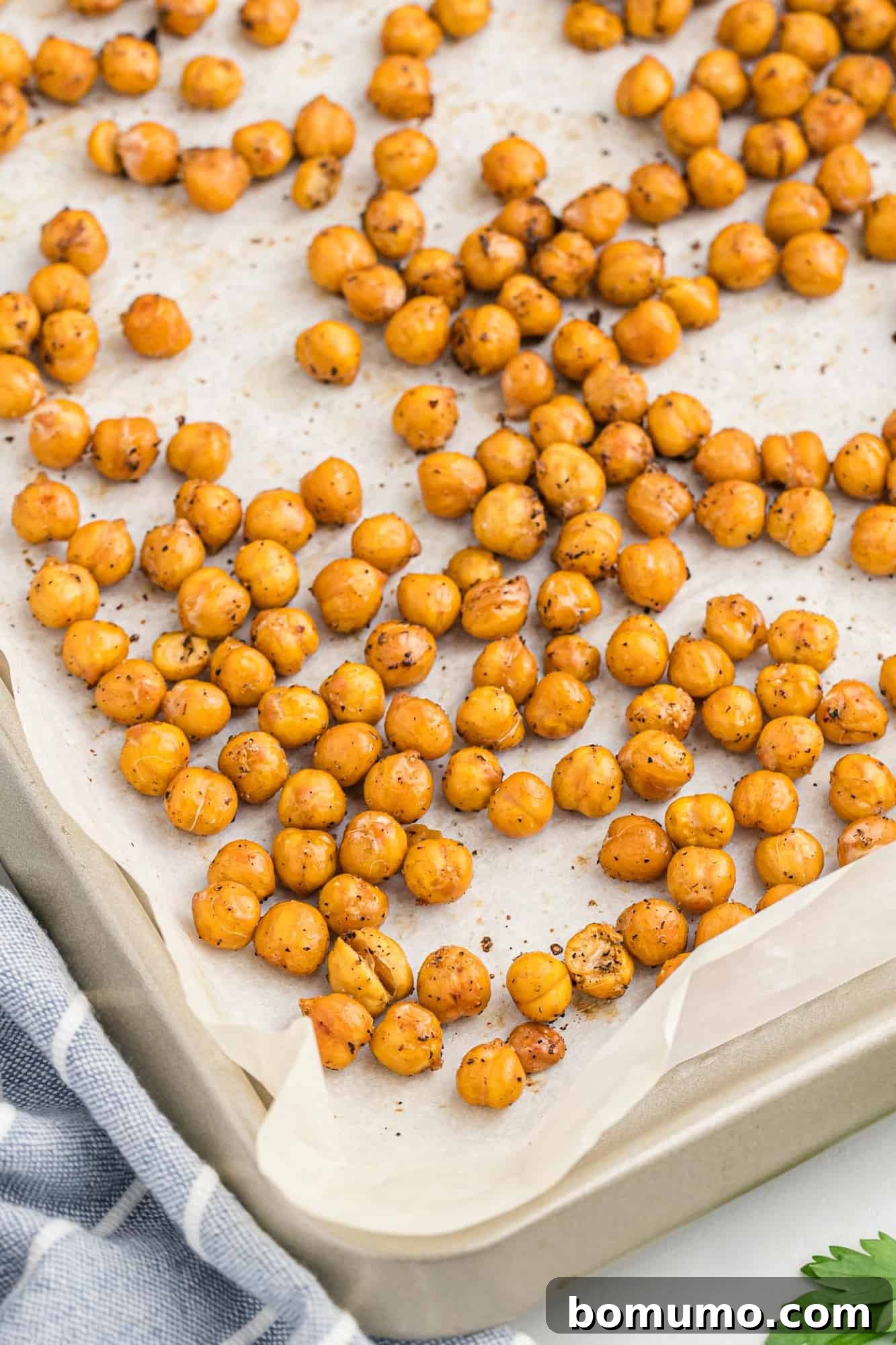 Chickpeas, roasted, golden and crispy on a sheet pan lined with parchment.