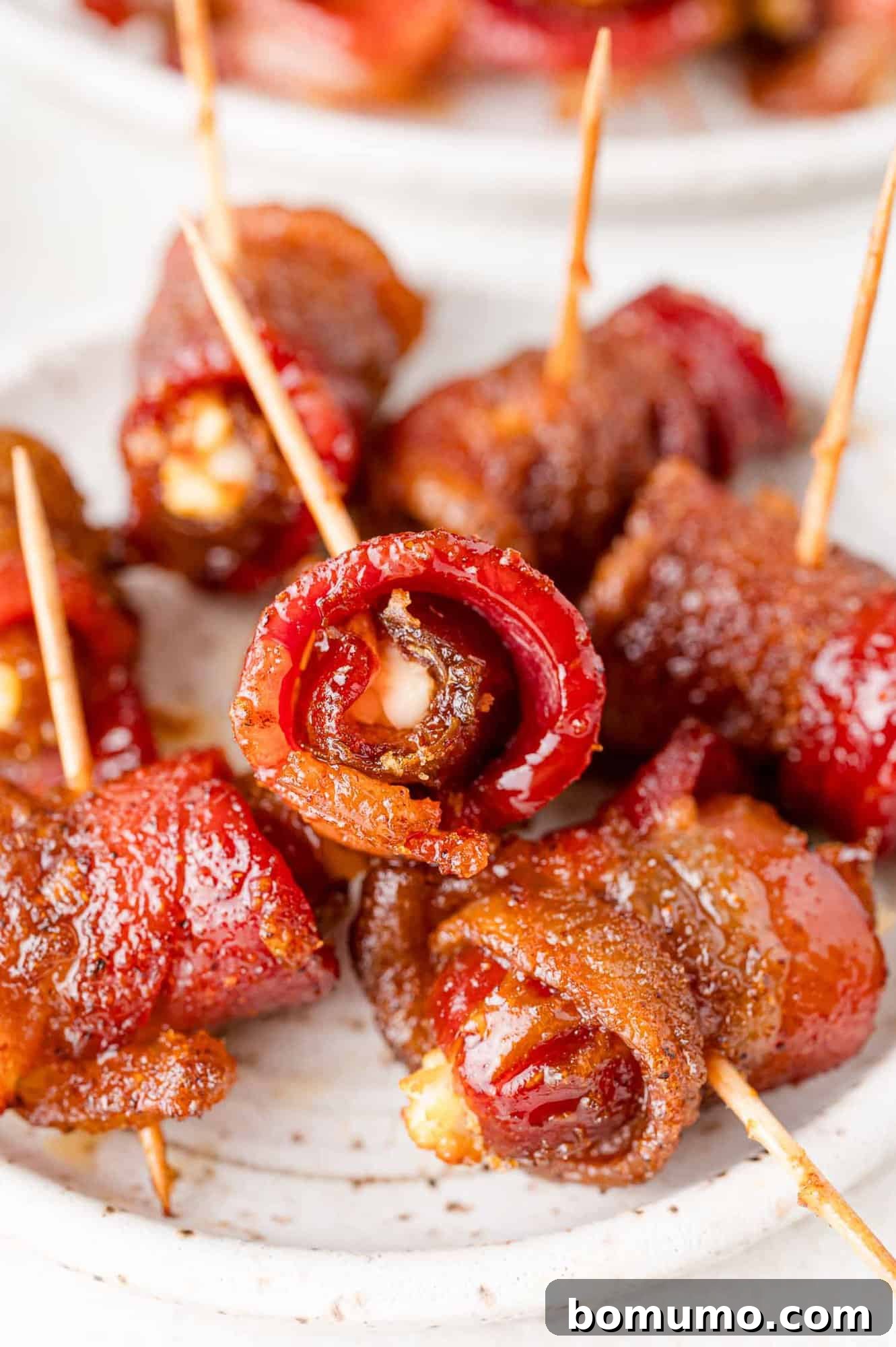 Plate of bacon wrapped dates, stuffed with goat cheese and secured with toothpicks.