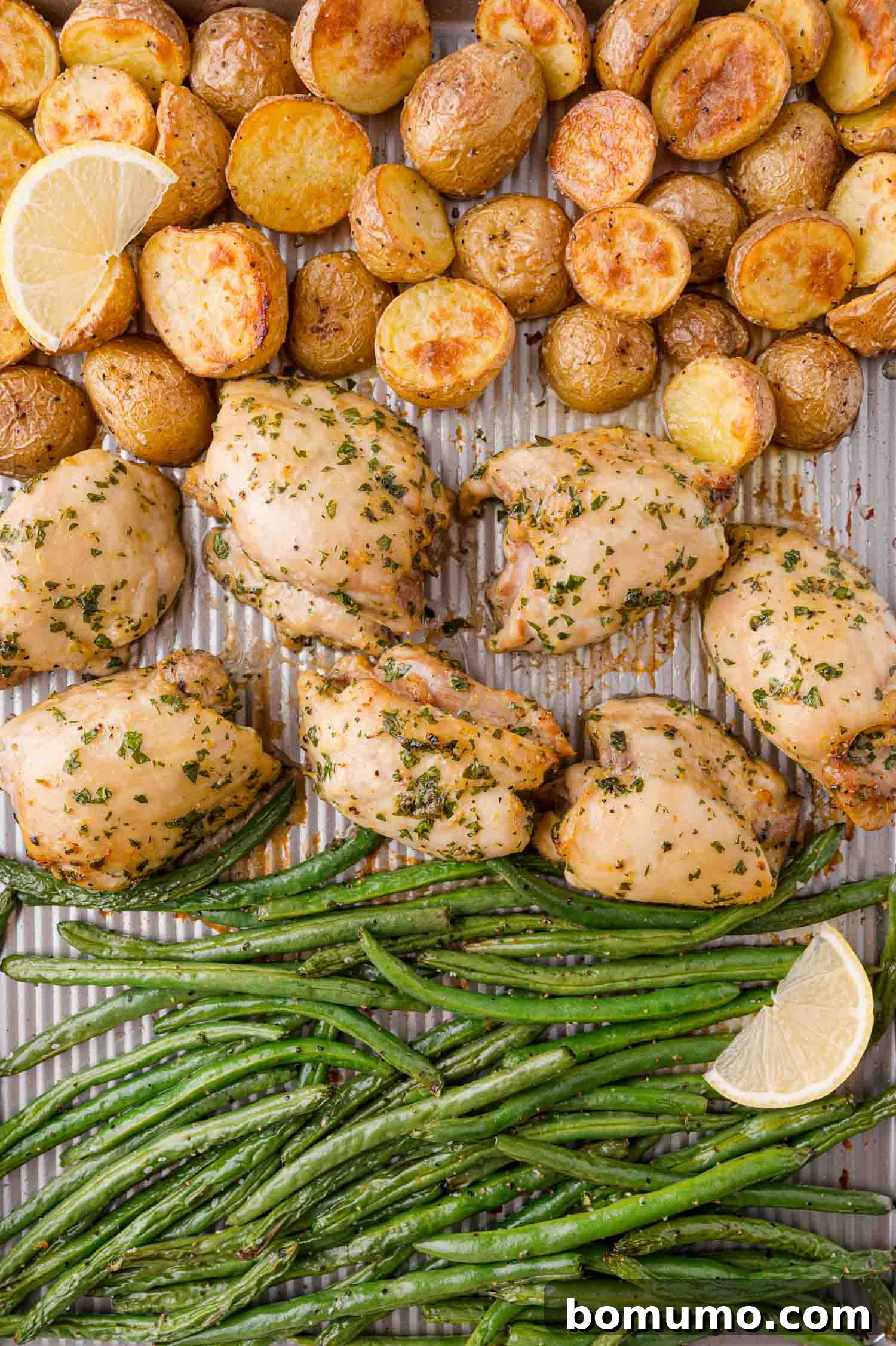 Baked chicken thighs with herbs, roasted baby potatoes, and green beans garnished with lemon slices on a baking sheet.