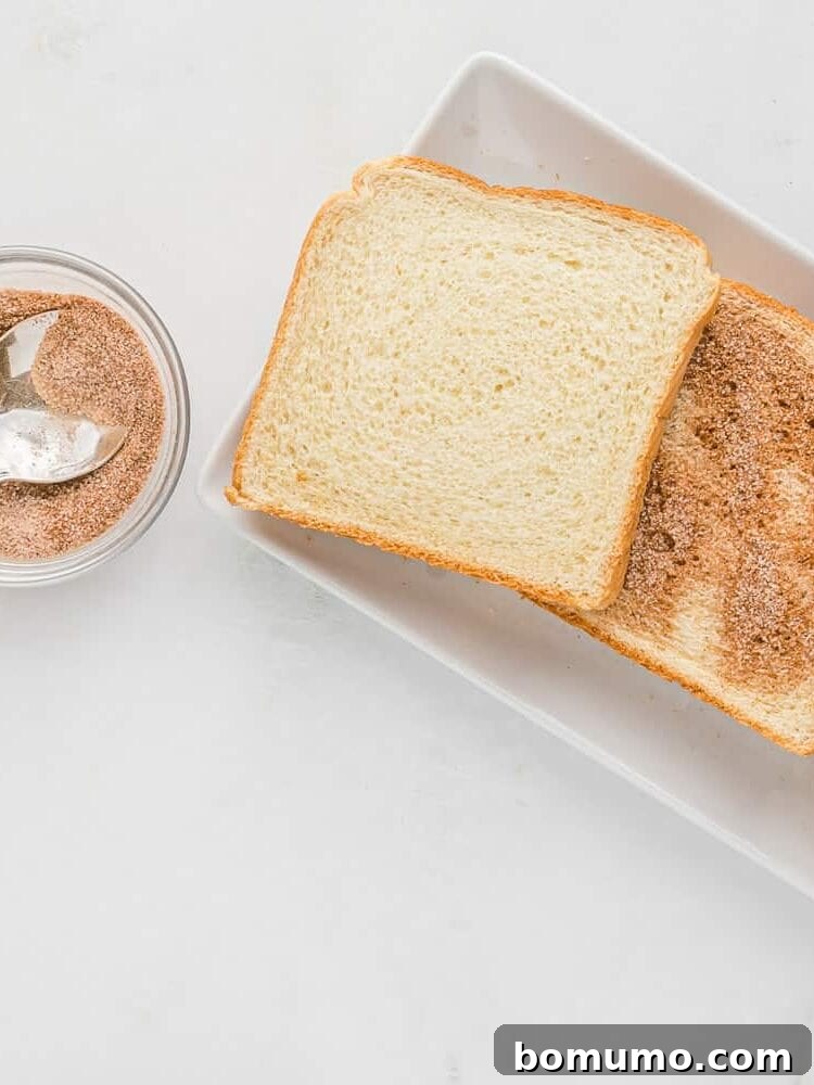 Bread slices on a plate dusted with cinnamon and sugar, next to a small bowl of cinnamon sugar with a spoon.