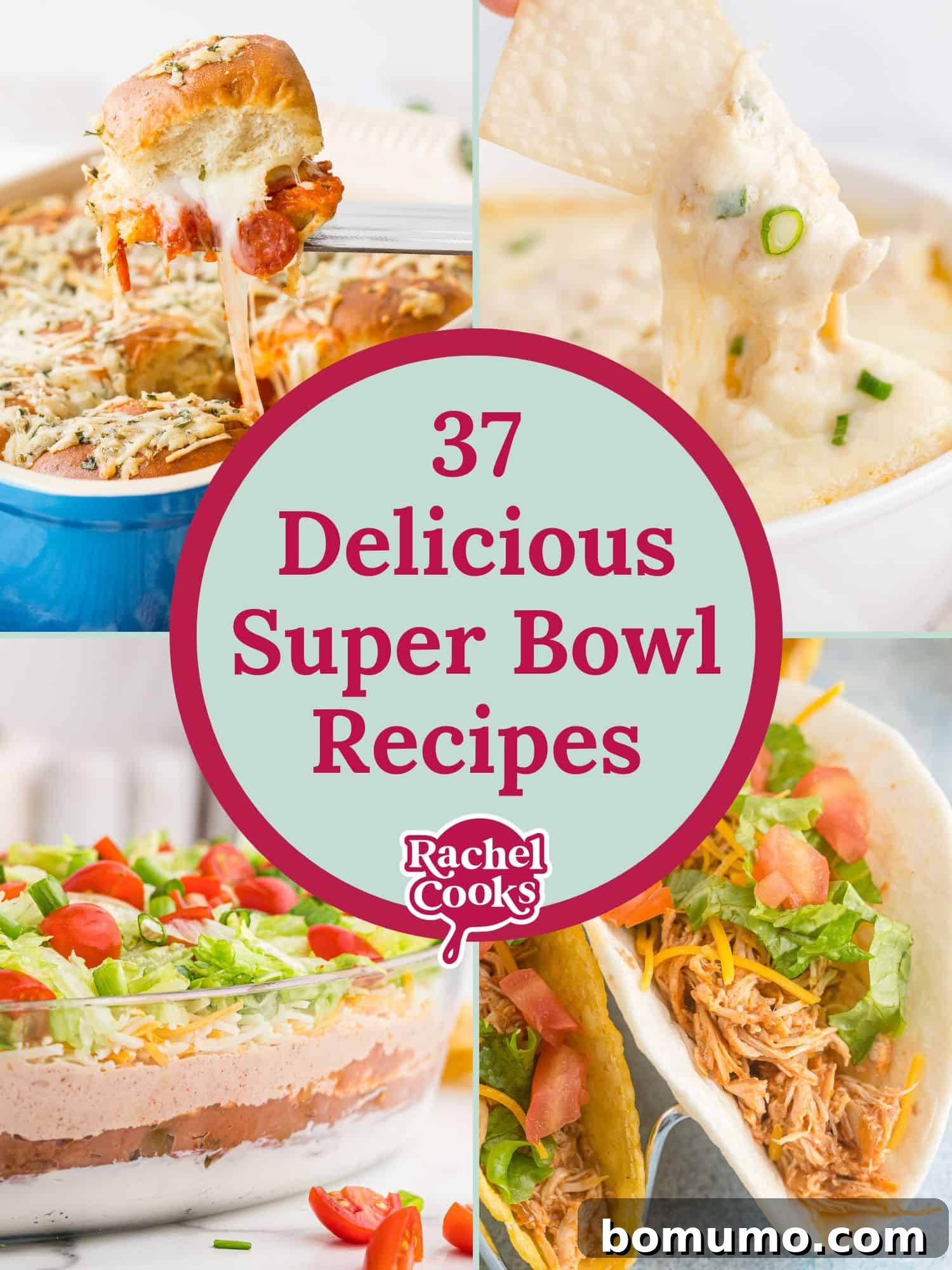Super bowl recipes round up graphic with text and photos.
