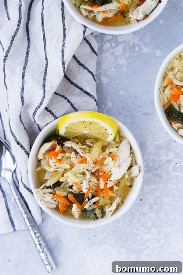 Overhead shot of a vibrant bowl of lemon chicken orzo soup, elegantly garnished with a fresh lemon slice and dill, set against a light blue background.