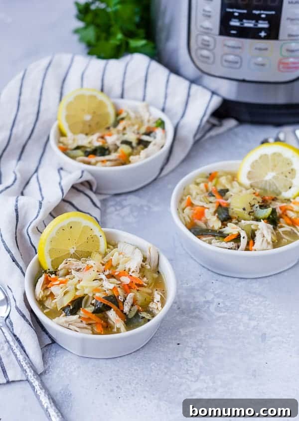 Three steaming bowls of lemon chicken orzo soup, garnished with lemon slices, with an Instant Pot visible in the background, ready to serve.
