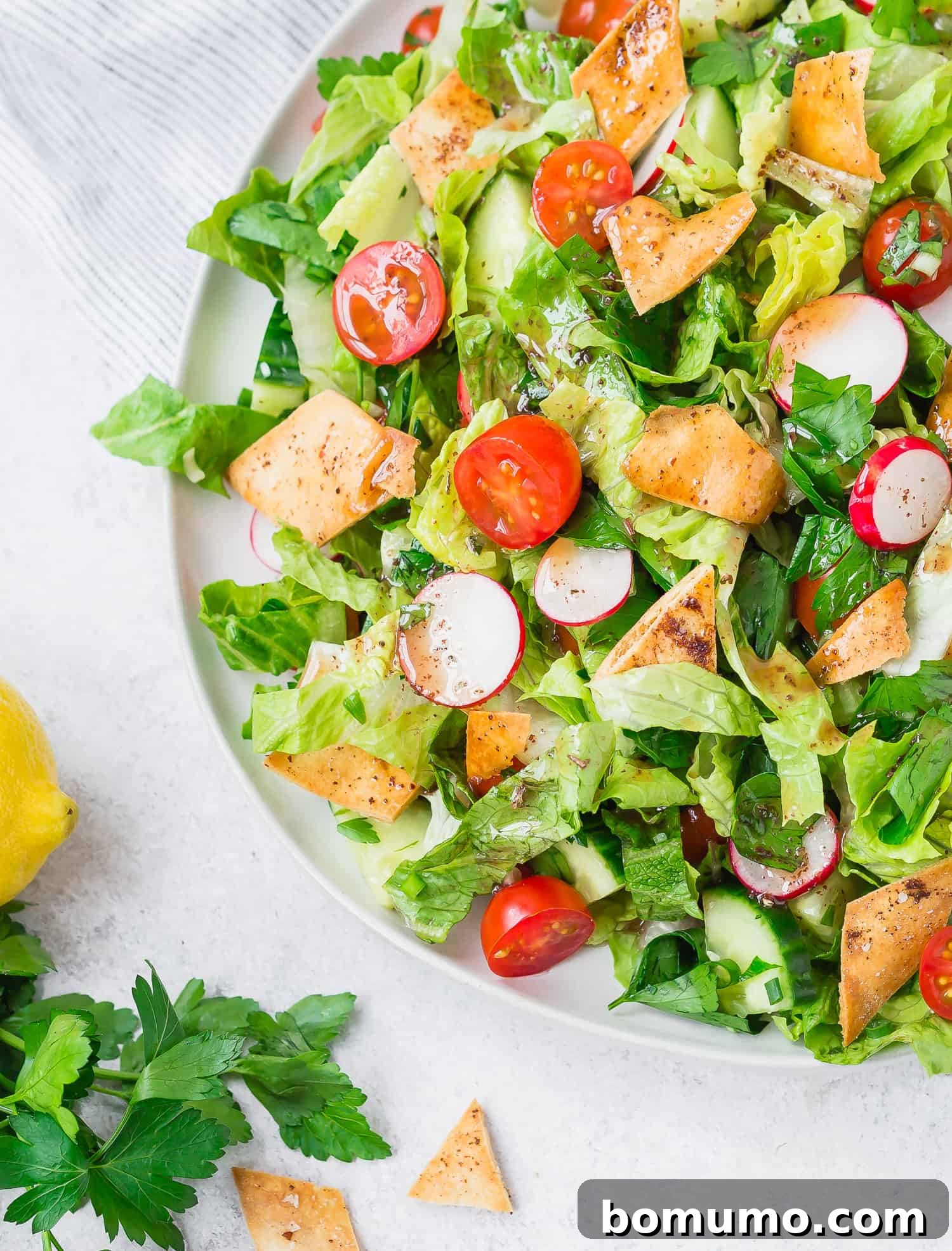 A close-up view of Fattoush salad featuring fresh green lettuce, juicy red tomatoes, crunchy crispy pita bread pieces, and thinly sliced pink radishes, showcasing the vibrant colors and appealing textures of the dish.