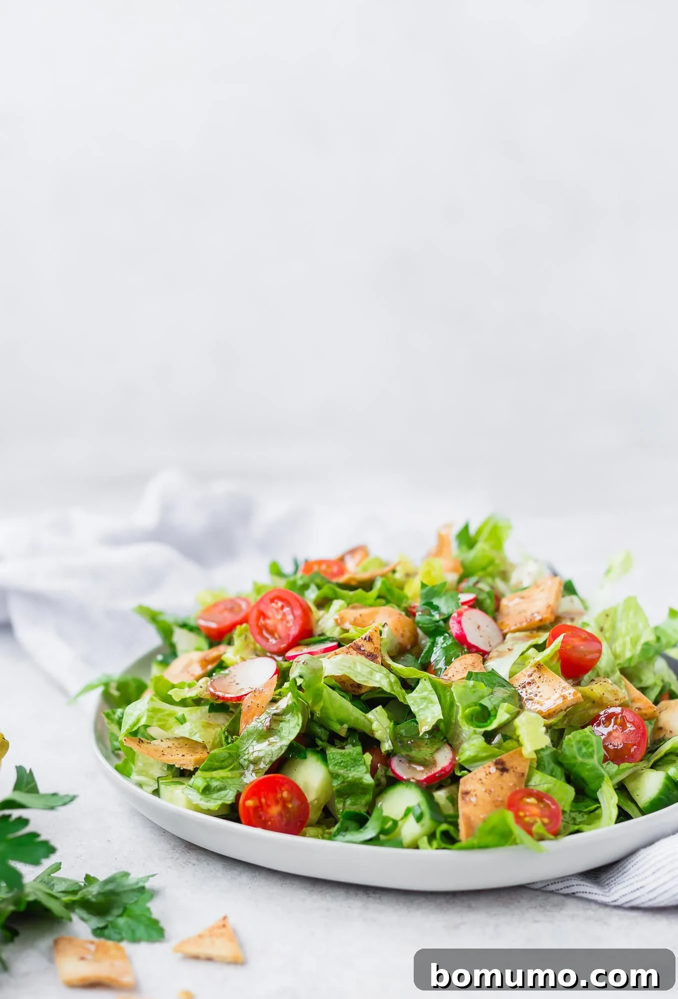 A beautifully presented platter of Fattoush style salad, rich with fresh green vegetables, colorful tomatoes, and golden-brown crispy pita, creating an inviting and appetizing display.