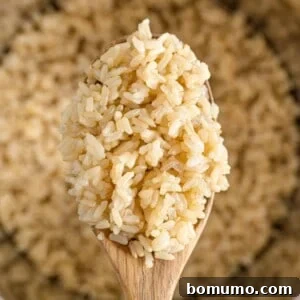 Close up of instant pot brown rice on a wooden spoon.