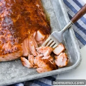 Maple mustard baked salmon on a sheet pan, being flaked with a fork, showing its tenderness.