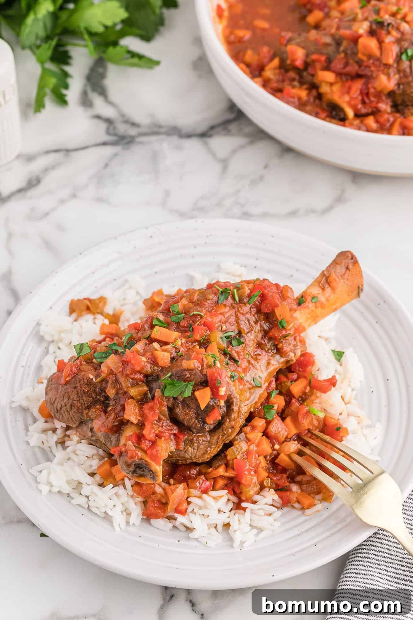 Exquisitely braised lamb shank, rich in flavor and falling off the bone, served elegantly on a pristine white plate, ready to delight.