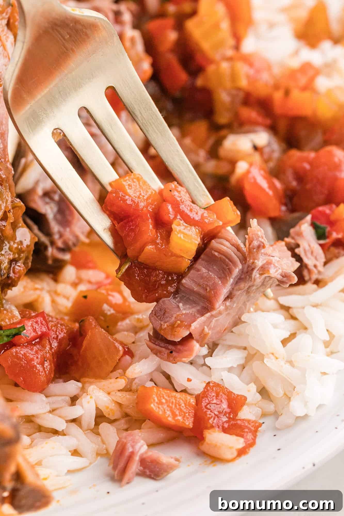 A fork holding a piece of tender lamb and colorful vegetables, lifted from the rich braising sauce, illustrating the succulent results of slow cooking.