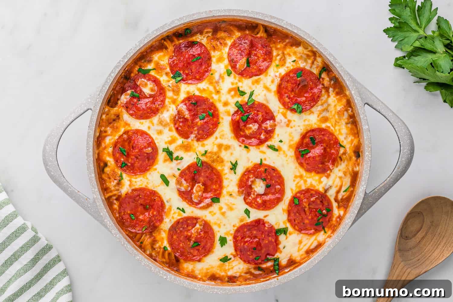 Completed One-Pan Pizza Pasta, beautifully topped with melted cheese and pepperoni, ready to be served.