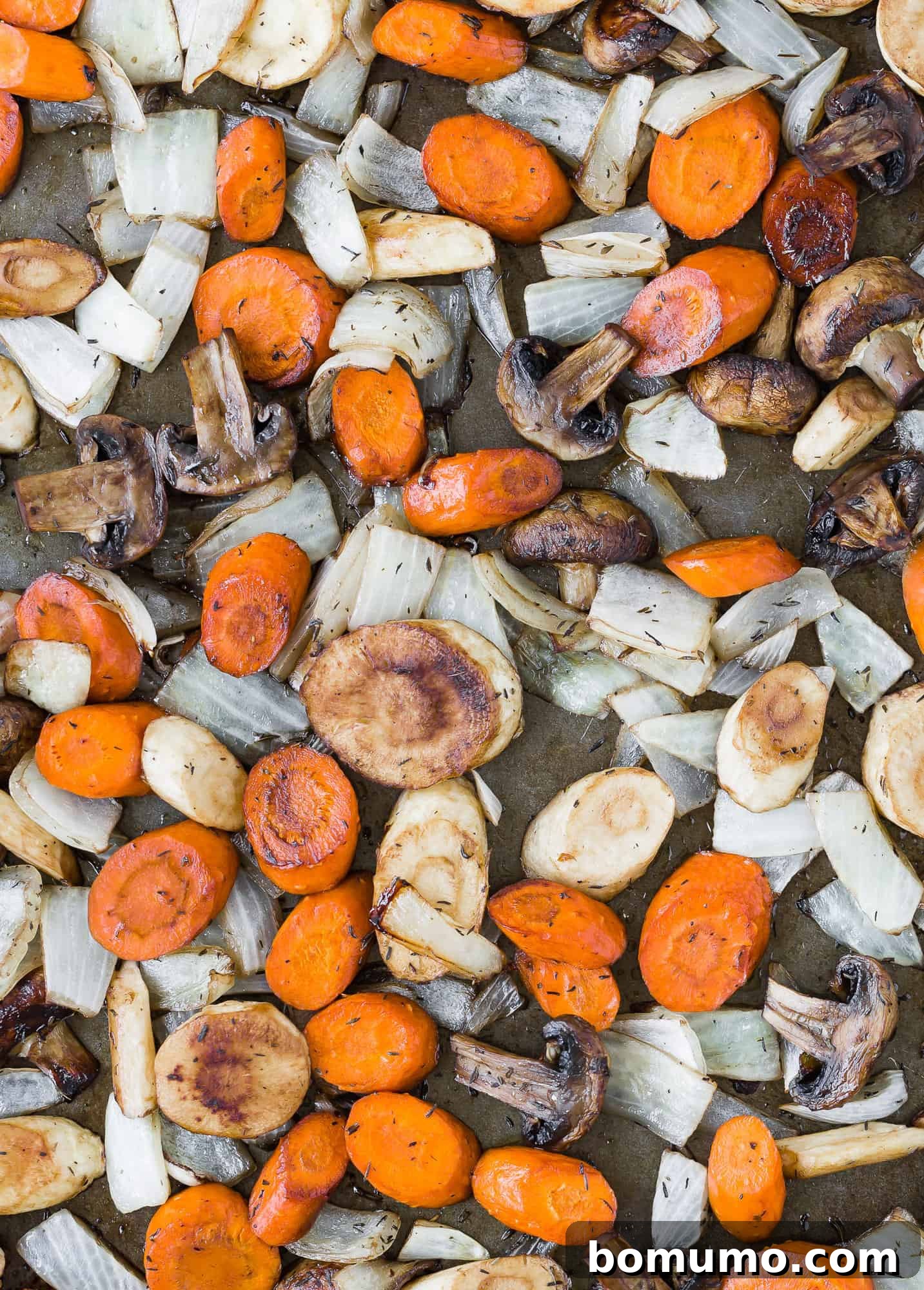 Golden Balsamic Roasts 6 Perfectly browned vegetables on a sheet pan.