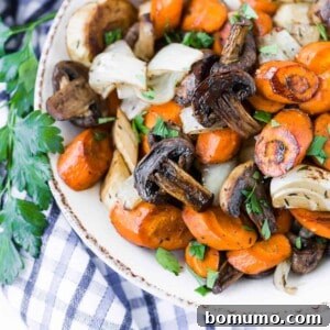 Golden Balsamic Roasts 7 Balsamic roasted vegetables in a bowl.