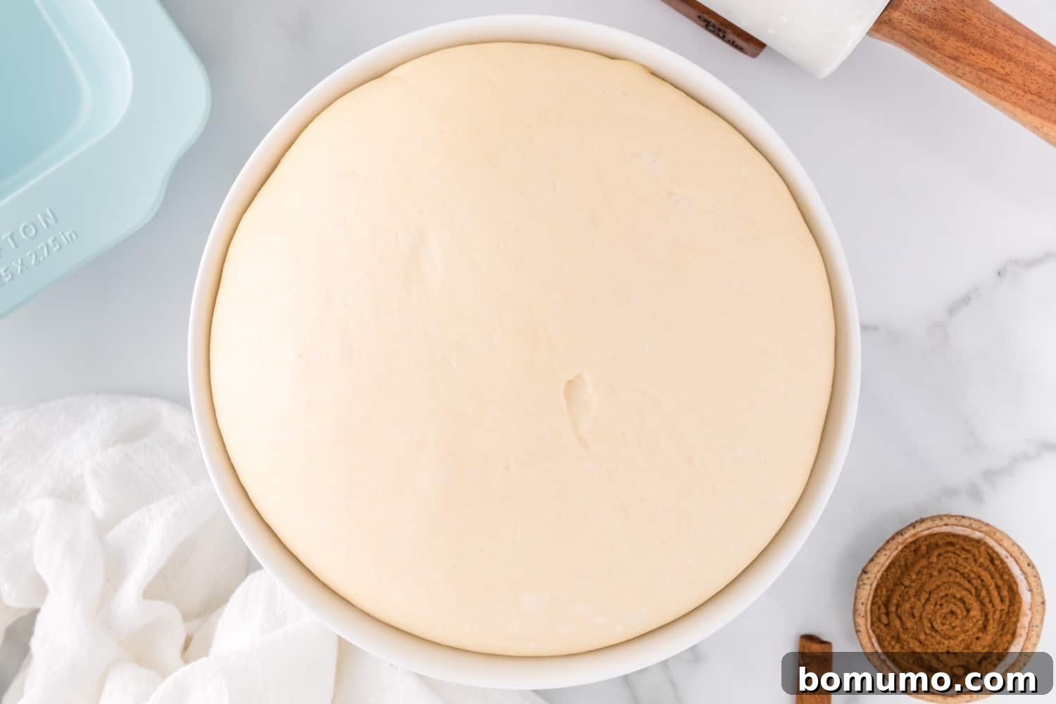 Bread dough after its first rise, doubled in size and ready for shaping.