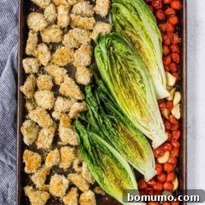 Sheet Pan Roasted Romaine Supper 7 image of sheet pan dinner with crispy chicken, roasted romaine lettuce, and roasted tomatoes and garlic.
