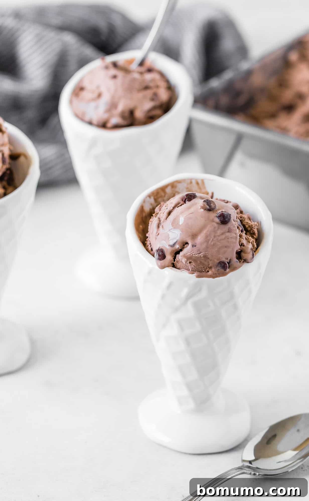 A scoop of homemade chocolate ice cream adorned with mini chocolate chips, served in a charming white bowl.