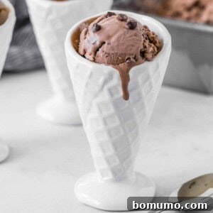 No churn chocolate ice cream in a white ceramic cone.
