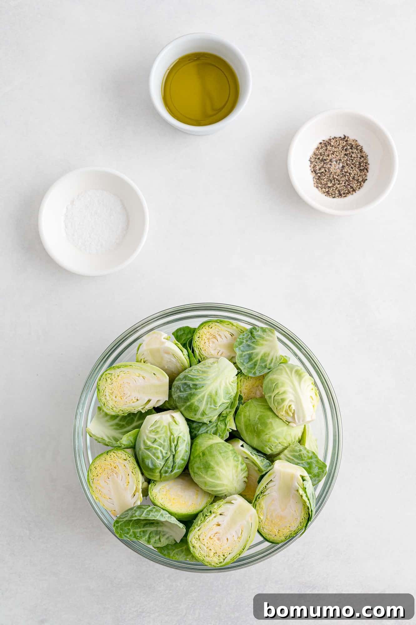 Ingredients needed for recipe including Brussels sprouts.