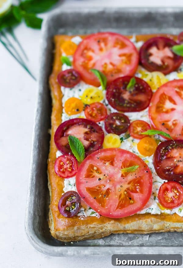 A close-up shot of the fresh tomato tart, focusing on the meticulously arranged slices of various colored tomatoes atop a creamy, white ricotta layer. A sprinkle of fresh herbs adds a final touch of vibrancy and aroma.