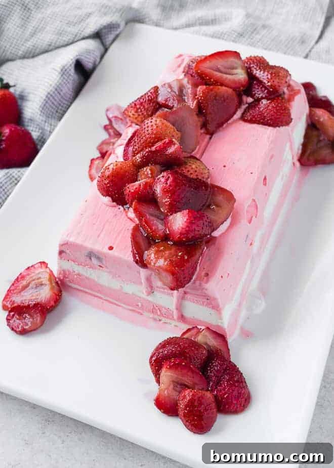 Overhead of terrine with strawberries, showcasing the vibrant colors and elegant presentation.
