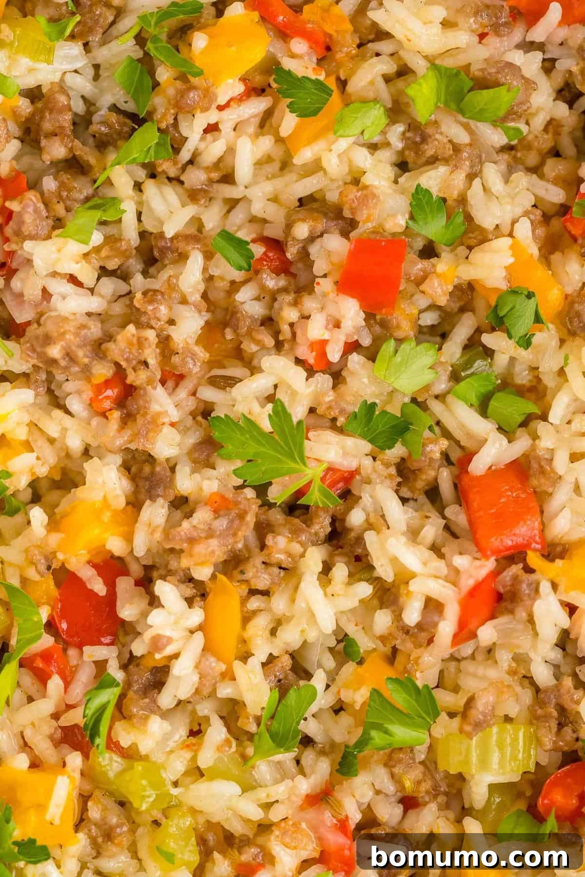 A close-up of the perfectly cooked rice and tender vegetables, garnished with a sprinkle of fresh parsley, showcasing the delicious texture of the one-pan dish.