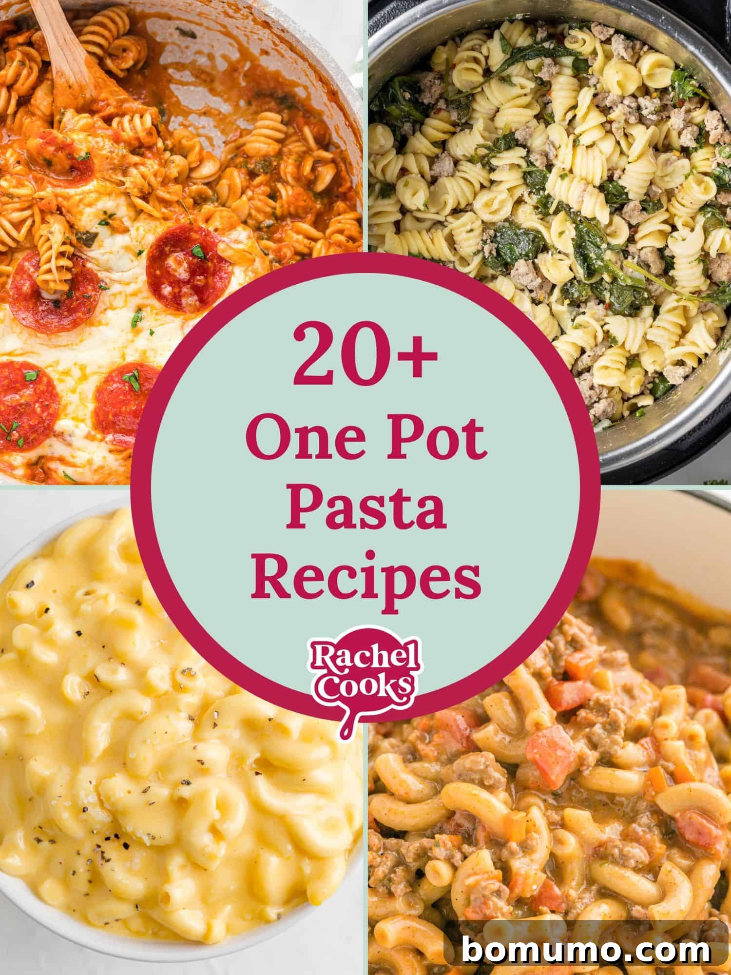Four vibrant images showcasing a variety of delicious one-pot pasta dishes, with text overlay reading "20+ Easy One-Pot Pasta Recipes for Busy Weeknights."