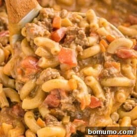 Homemade hamburger helper being scooped in a ladle.