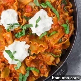 Close up photo of skillet lasagna