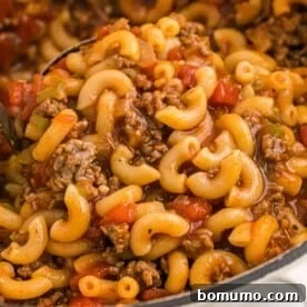 Close up view of American goulash on a ladle.
