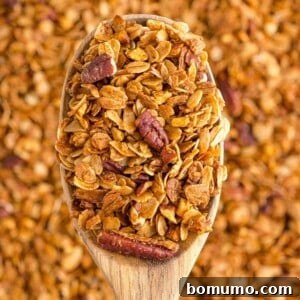 Granola on a wooden spoon, more in background.