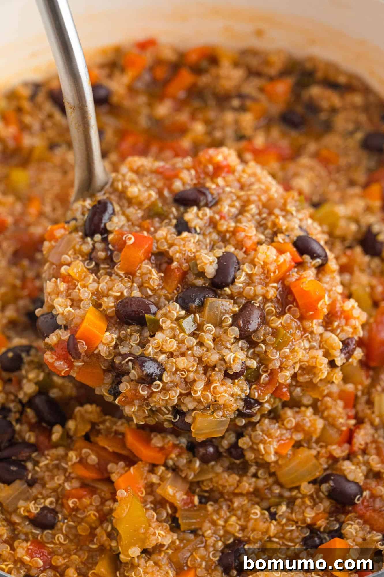 A close-up view of the vegetarian quinoa chili, scooped onto a ladle, highlighting its rich, chunky texture and the diverse ingredients like beans, quinoa, and vegetables.