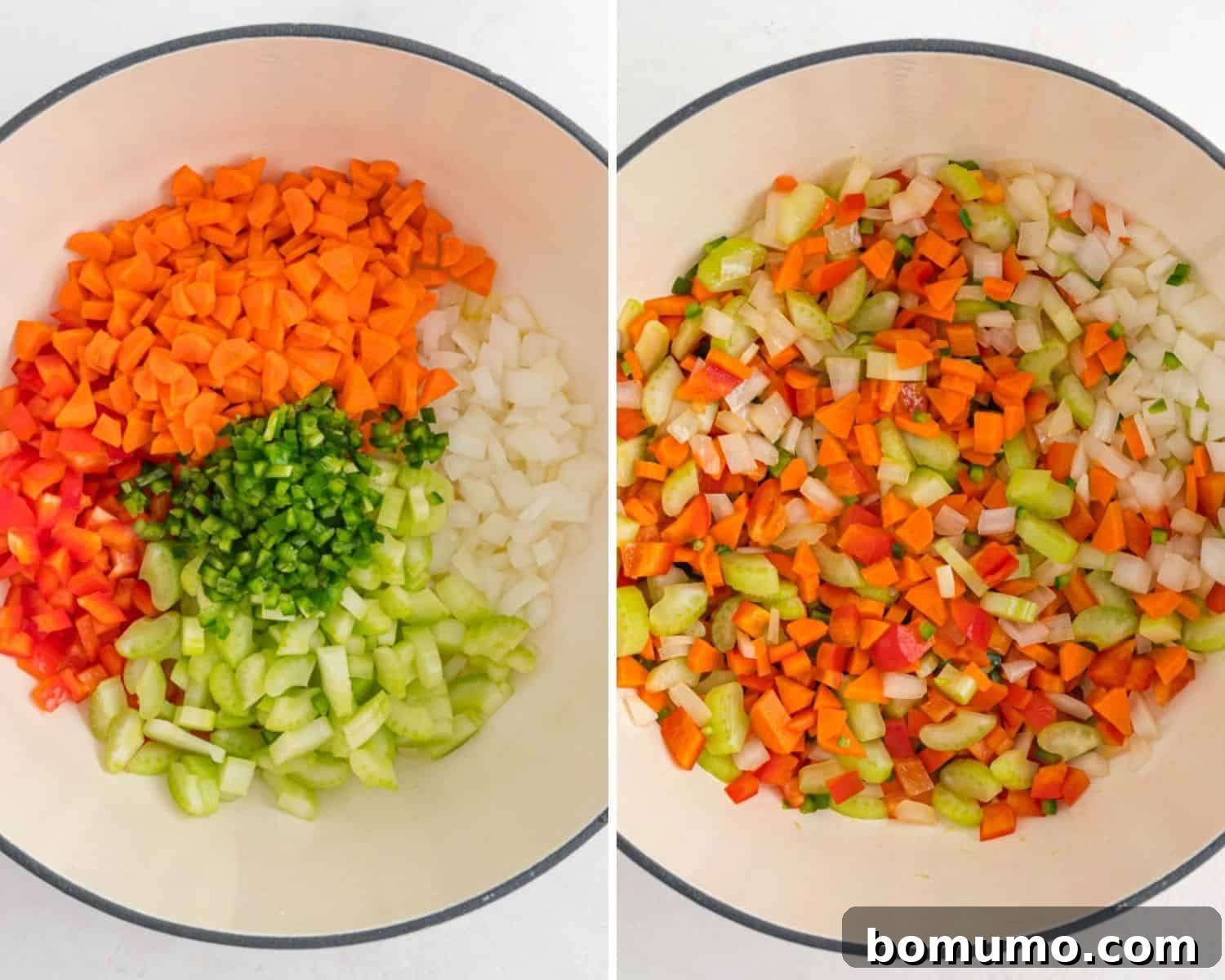 A two-part image showing chili vegetables: first, freshly chopped and waiting, and second, sautéing and softening in a pan, ready for the next step.