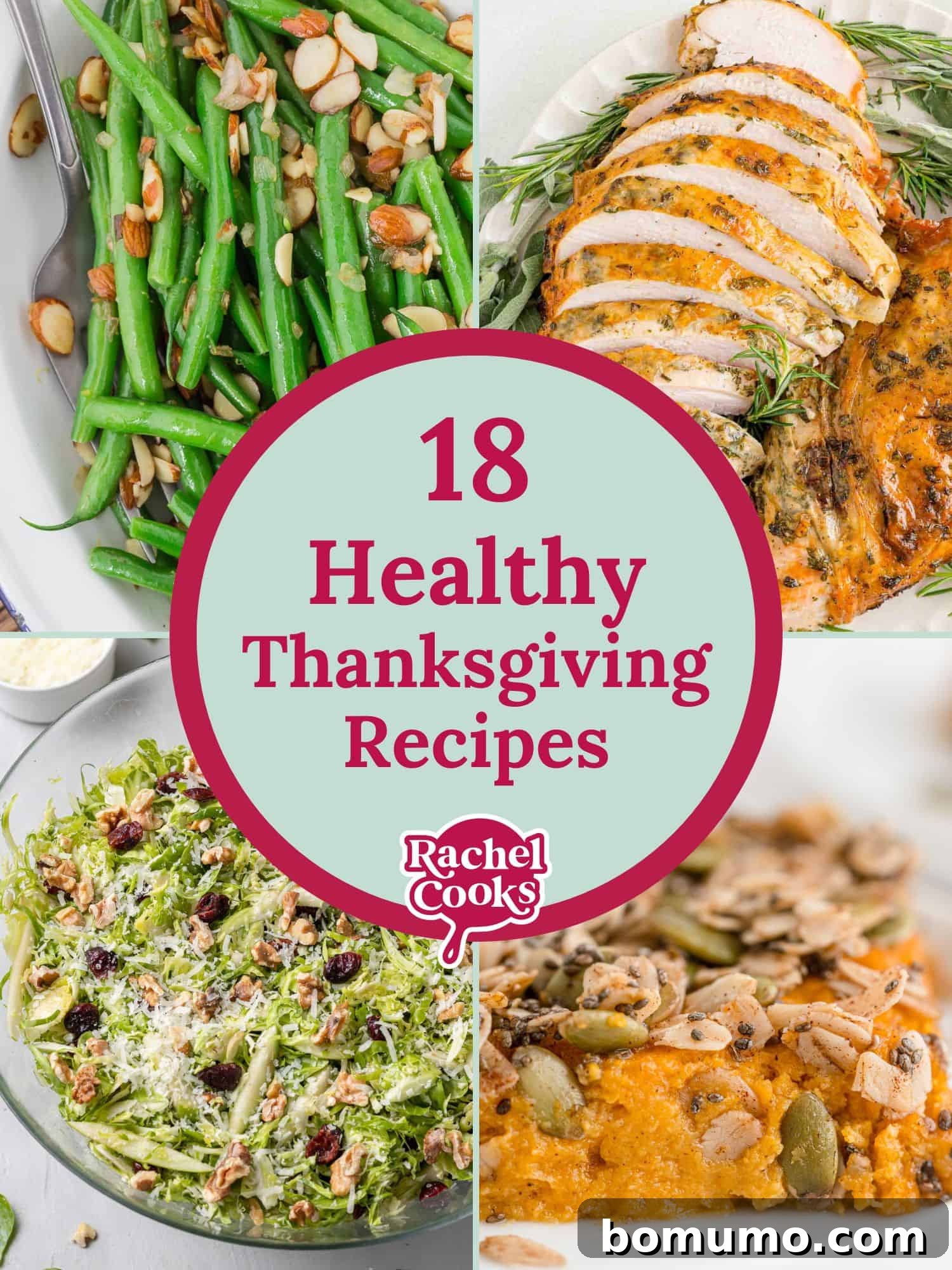 A vibrant collage showcasing various healthy Thanksgiving dishes like roasted turkey breast, colorful salads, sweet potato dishes, and cranberry sauce, with text overlay: 'Delicious & Healthy Thanksgiving Recipes.'
