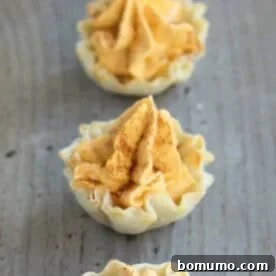 A charming row of mini pumpkin pie tarts on a rustic wooden table.