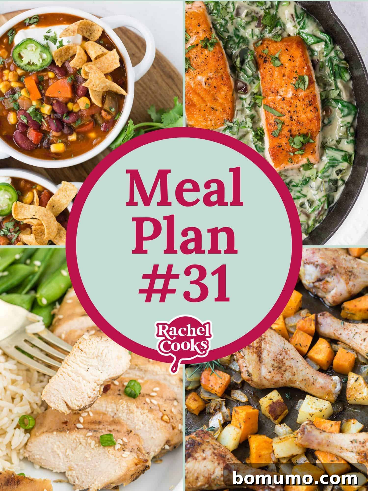 Meal plan 31 graphic with text and photos highlighting easy and delicious recipes.
