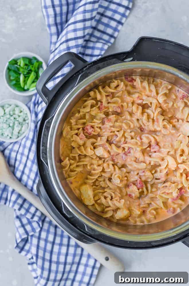 Buffalo Chicken Pasta 4 Image of creamy buffalo chicken pasta in an instant pot