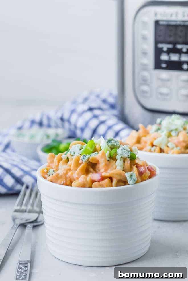 Buffalo Chicken Pasta 5 Photograph of a bowl of buffalo chicken pasta.