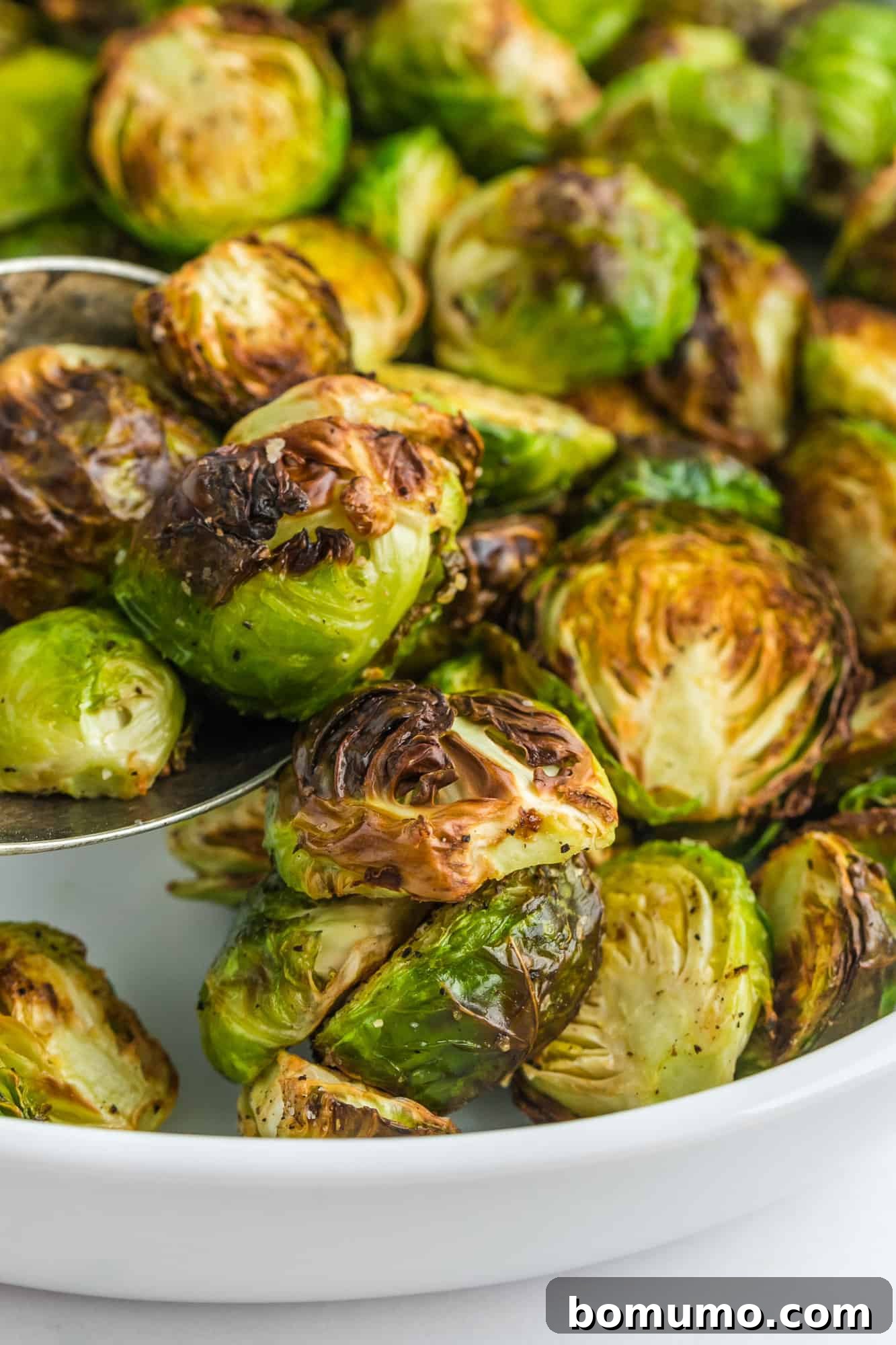 Perfectly air-fried Brussels sprouts served in an elegant white dish, highlighting their crispy texture and golden-brown edges.