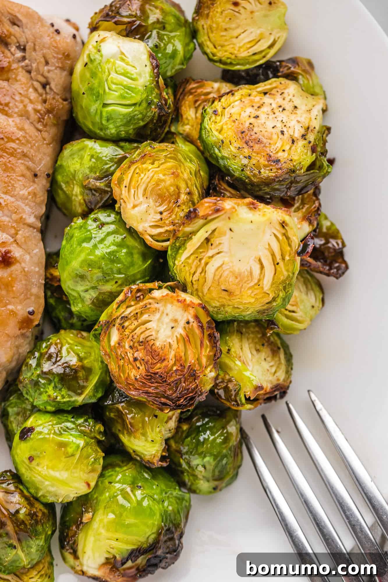 Close-up of golden-brown air-fried Brussels sprouts, perfectly caramelized, served alongside a juicy pork chop for a complete meal.