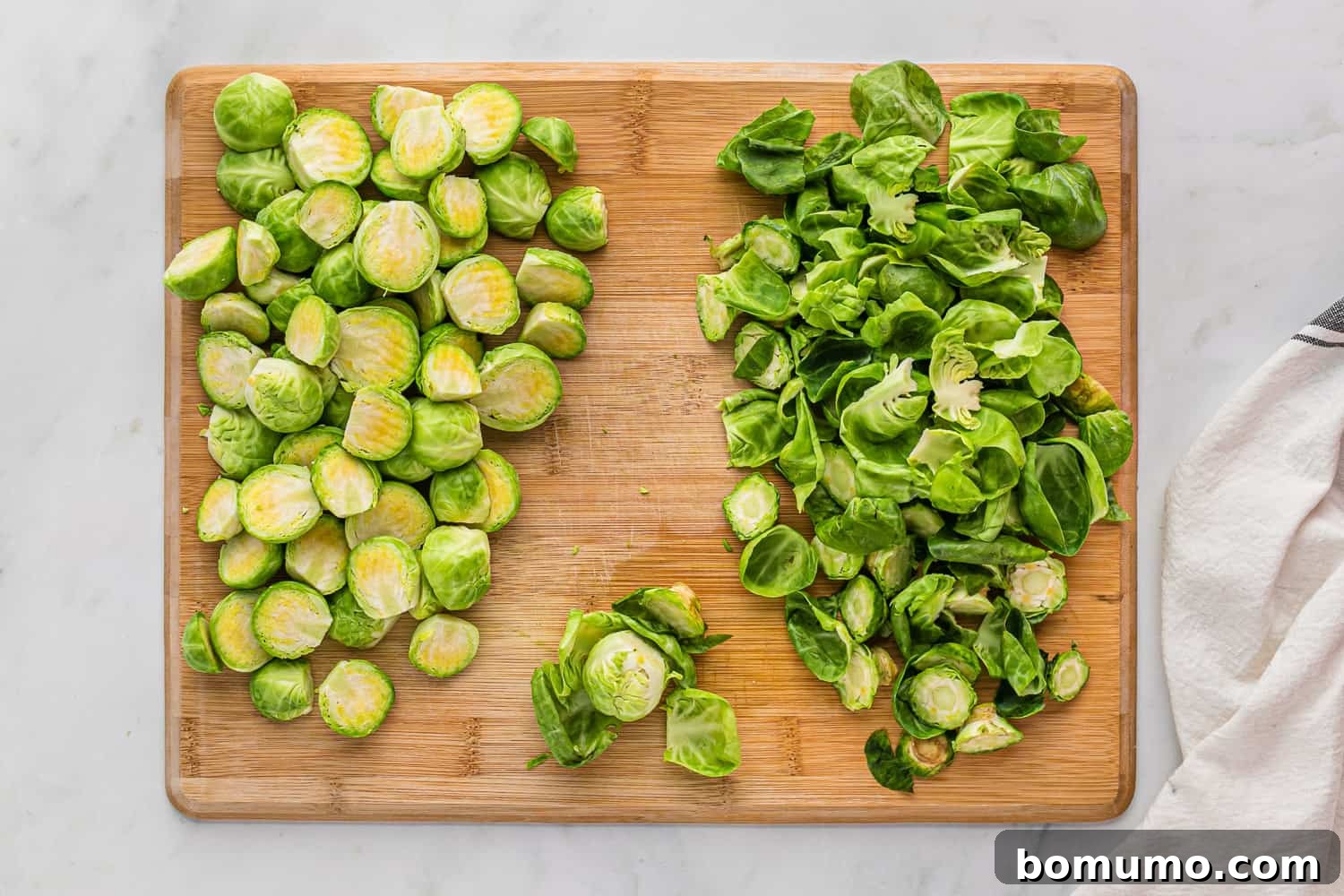 A visual step-by-step guide illustrating how to prepare Brussels sprouts for cooking, from trimming to halving.