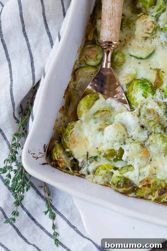 A large spoon scoops out a generous portion of bubbling, golden-brown cheesy Brussels sprouts gratin from a white baking dish.