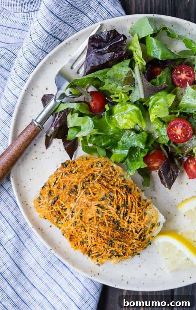 A beautifully presented plate of Parmesan baked cod, garnished with fresh dill, served alongside a crisp, green salad, highlighting a complete and healthy meal.